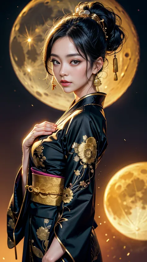 Detailed Background((moon：1.5),Old townscape of Japan),Fancy costumes{High-end kimono(Black kimono(Beautiful golden embroidery,))}、(Japanese Idols(actress):1.2)(Perfect Face:1.2),Representing a beautiful and elegant woman。Shiny black hair,ponytail,Hearts i...