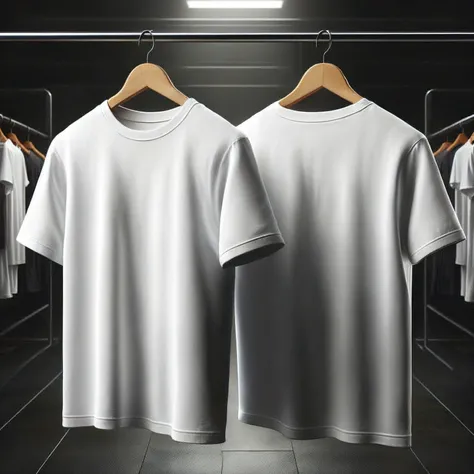 there are two white shirts hanging on a rack in a room, realistic clothing, realistically rendered clothes, white undershirt, wh...