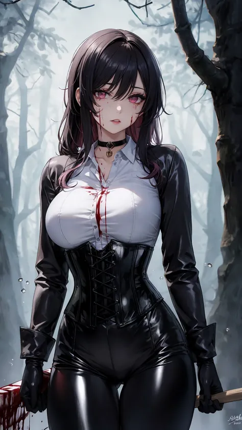 ((blood droplets)), ((blood)), ((blood splatter)), ((blood on clothes)), ((blood stain)), Masterpiece, Beautiful art, professional artist, 8k, Very detailed face, Detailed clothing, detailed fabric, 1 girl, Chiori (genshin impact), standing, perfectly draw...