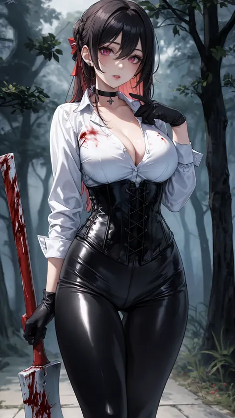 ((blood droplets)), ((blood)), ((blood splatter)), ((blood on clothes)), ((blood stain)), Masterpiece, Beautiful art, professional artist, 8k, Very detailed face, Detailed clothing, detailed fabric, 1 girl, Chiori (genshin impact), standing, perfectly draw...