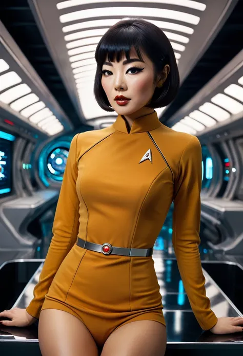 provocative, sexy, very sexy, flirtatious, arousing, revealing, sensuous, teasing ((wearing star trek original series 70s once p...