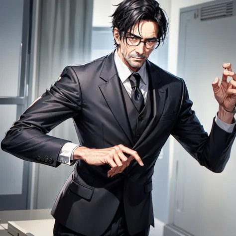 A cool old man with glasses, black hair, and a suit, no beard.。It&#39;s better to have a little bangs