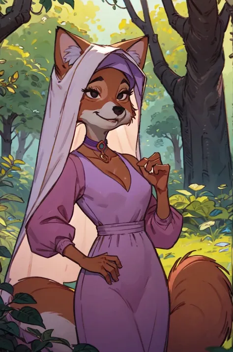 CARTOON_MaidMarian_ownwaifu, furry female fox, animal ears, black eyes, animal nose, orange fur, tail,veil,purple dress, long sleeves,choker, looking at viewer, serious, standing, outside, forest, natural lighting, high quality, masterpiece,  (satin cleava...