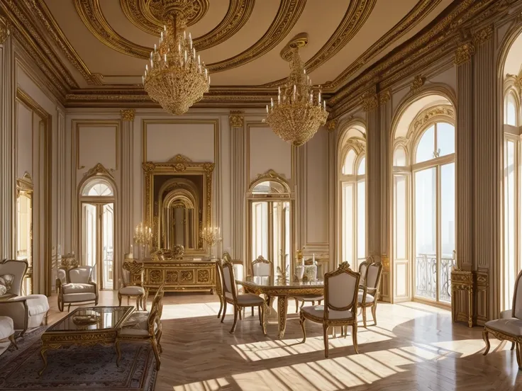 fine art palace interior with lots of furniture, luxury, intricate design, fine details, foreground, high chaos, volumetric lighting, white + beige colors, Johan Grenier style, Alyssa Monks style