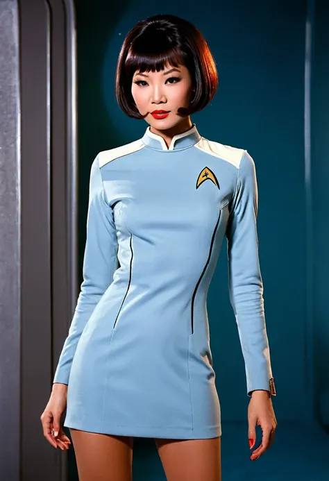 provocative, sexy, very sexy, flirtatious, arousing, revealing, sensuous, teasing ((wearing star trek original series 70s once piece mini dress bridge crew uniform)) (asian crew member with bob haircut and slim figure) ((in the style of a retro-futuristic,...