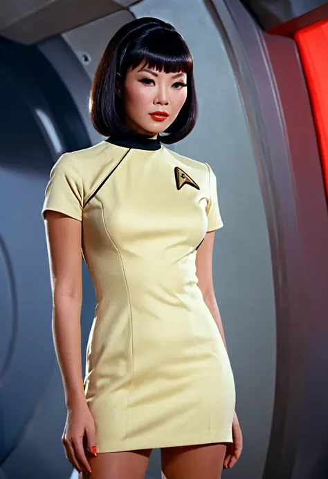 provocative, sexy, very sexy, flirtatious, arousing, revealing, sensuous, teasing ((wearing star trek original series 70s once piece mini dress bridge crew uniform)) (asian crew member with bob haircut and slim figure) ((in the style of a retro-futuristic,...