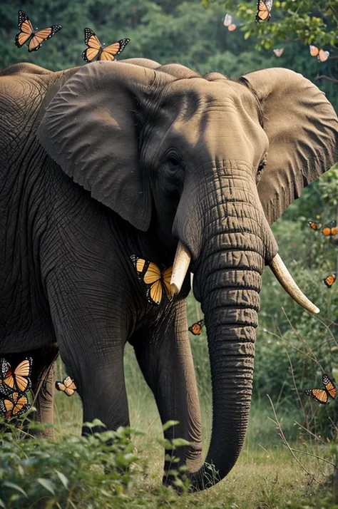 An elephant surrounded by butterflies 