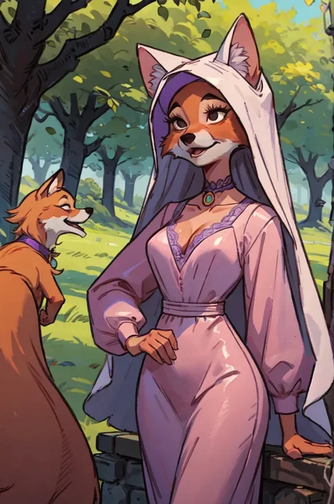 cartoon_maidmarian_ownwaifu, furry female fox, animal ears, black eyes, animal nose, orange fur, tail,veil,purple dress, long sl...