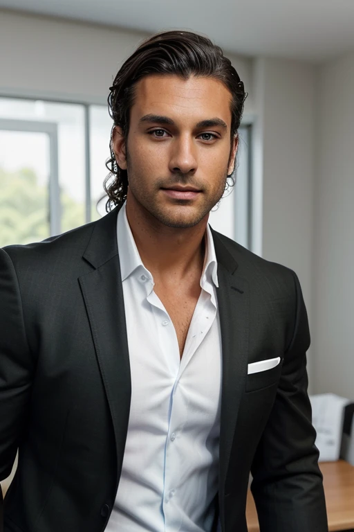 Handsome Man 36, lean muscular body, tan skin olive, his eyes are blue, 1.90m, his hair is dark brown with natural waves that flow down his shoulders, a little stubble unshaved, wearing a black suit, white shirt