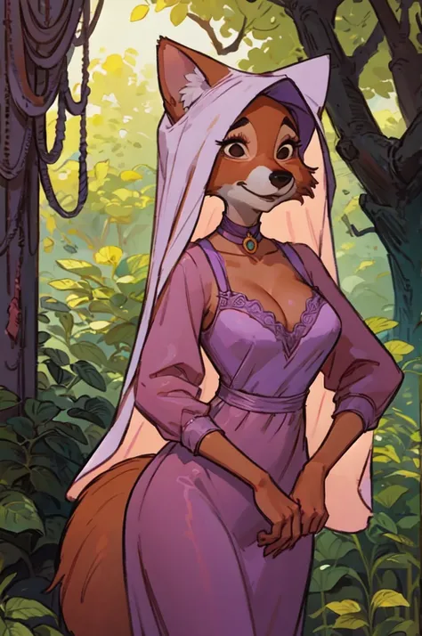 cartoon_maidmarian_ownwaifu, furry female fox, animal ears, black eyes, animal nose, orange fur, tail,veil,purple dress, long sl...