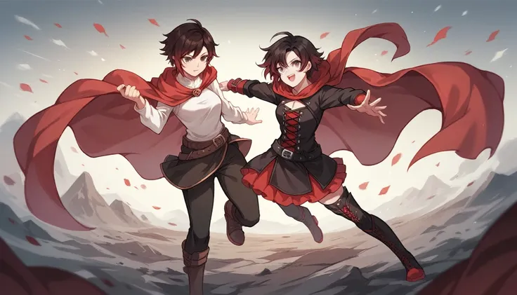 2girl, dynamic pose, (girl1: Short black hair, grey eyes, pale skin, red cape,) (girl2: Long brown hair, brown eyes, pale skin, white clothes.) Ruby rose from RWBY, simple backround, 