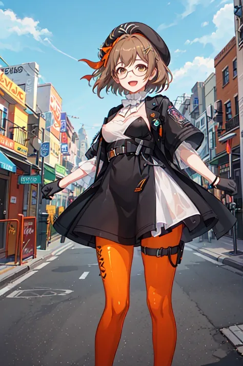 ((nsfw)),looking at viewer, 1girl, solo, gloves, pantyhose, glasses, hat, brown hair, brown eyes, beret, smile, dress, open mouth, hair ornament, short hair, blue sky, sunshine,clound,modern, city,wet panty,