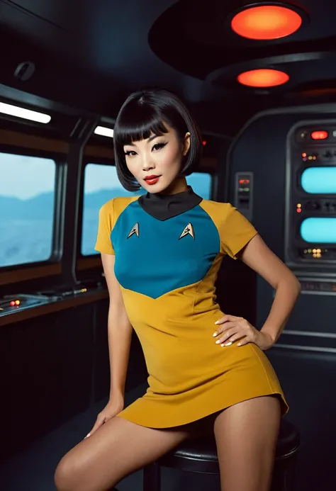 provocative, sexy, very sexy, flirtatious, arousing, revealing, sensuous, teasing ((wearing star trek original series 70s once piece mini dress bridge crew uniform)) (asian-european, half-asian crew member with bob haircut and slim figure) ((in the style o...