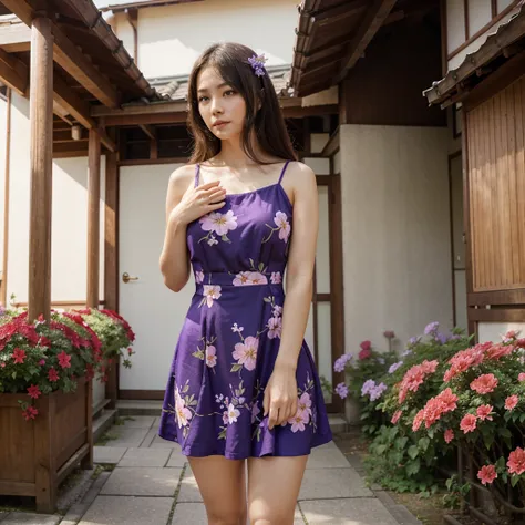 a beautiful woman, holiday short dress, violet summer short dress, flowers, Japan woman,