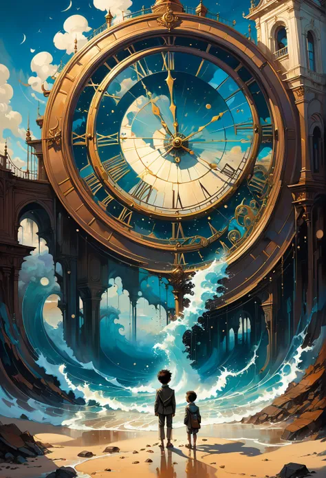 painting of a boy standing in front of a giant clock, son of time, the passage of time, illusion of bent time, the sands of time, in search of lost time, the passing of time, time is running out, cyril rolando and m.w kaluta, cyril rolando and m. w kaluta,...