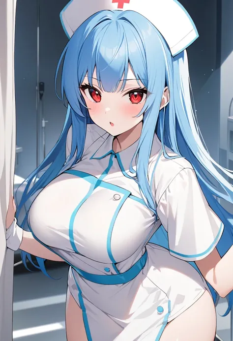 My name is Yukiko.I am a white test woman with long Sky blue hair,red eye color.I am 1.62 cm tall . My breasts measure 200 cm, my waist 40 cm and my hips 200 cm.Dressed in a short nurse outfit  . With 200 cm breasts 