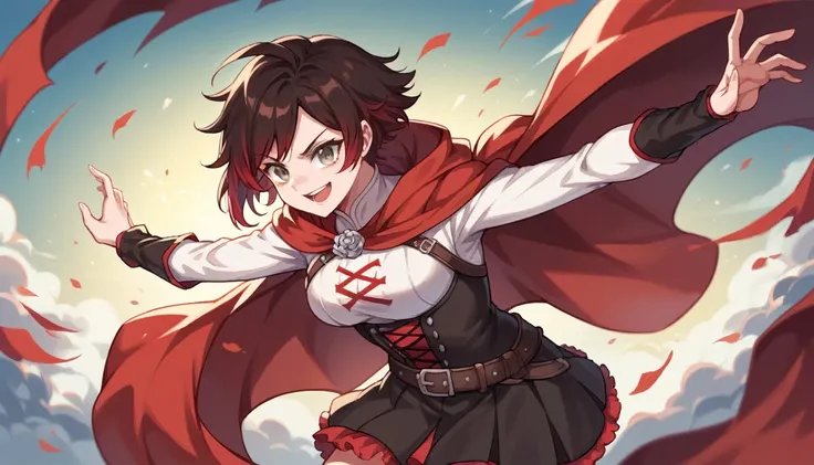 2girl, dynamic pose, (girl1: Short black hair, grey eyes, pale skin, red cape,) (girl2: Long brown hair, brown eyes, pale skin, white clothes.) Ruby rose from RWBY, simple backround, 