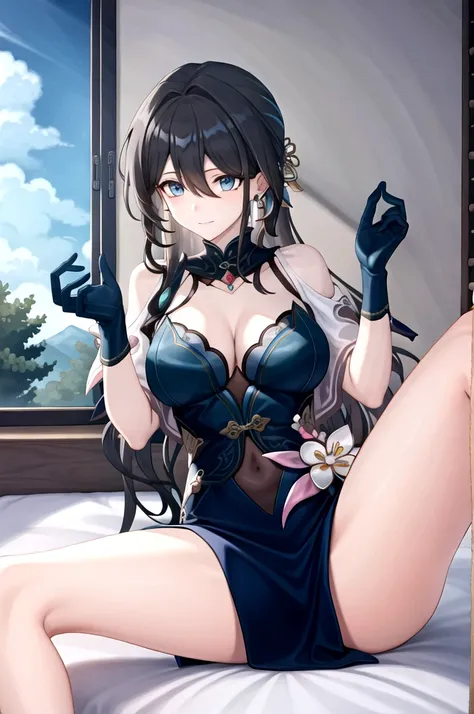 RUANMEI,Bangs,Long hair,skirt,Gloves,Hair between the eyes,Jewelry,Hair accessories,blue eyes,Black Hair,flower,black Gloves,blue skirt,indoors,bedroom,on the bed,A faint smile, 1 Girl,
,  (masterpiece,best quality:1.2),absurd，whole body,Long legs,pretty f...