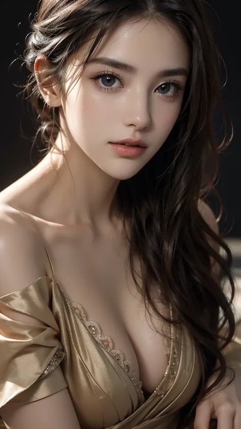 (8K, RAW Photos, Highest quality,masterpiece:1.2),One beautiful girl,(Small breasts),Beautiful face,Mature woman,Realistic Face,Ultra-realistic,Exposed cleavage,(night:1.3),(Dark Background:1.3),Sexy Face,detailed,超detailed.looking at the camera,Beautiful ...