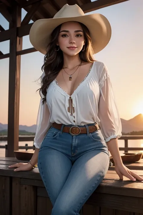 (work of art:1.2, best qualityer), (beautiful finely detailed eyes: 1.2), young woman, Brown eyes, corpo curvelineo, Grinning, brown loose hair, cow horns, white blouse, neckleace, blue jeans, farm, sunset, cowgirl, appealing, sitting, lake