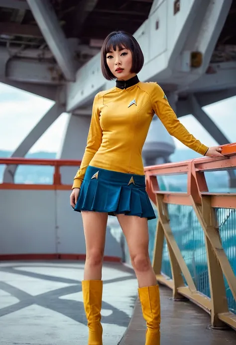 provocative, sexy, very sexy, flirtatious, arousing, revealing, sensuous, teasing ((ripped open uniform 1.4)) ((on the bridge of the enterprise 1.3) ((wearing star trek original series 70s one piece sexist sexy short mini dress bridge crew uniform ripped))...