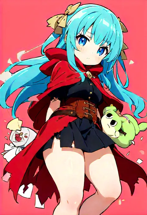 (1 Kizi) Kizi, long hair, hair blue, standing alone, cape, blue colored eyes, red cloak, corset, thicc thighs, torn garments, torn thicc thighs, Black Skirt, zetai ryouiki, don, tissue, Pink, Torn Cape, black thicc thighs, anime coloring, flowers, waist b...