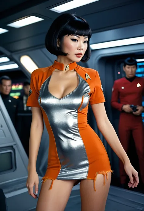 provocative, sexy, very sexy, flirtatious, arousing, revealing, sensuous, teasing ((ripped open uniform 1.4)) ((on the bridge of the enterprise 1.3) ((wearing star trek original series 70s one piece sexist sexy short mini dress bridge crew uniform ripped))...