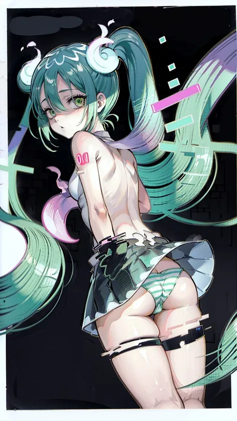 anime,low angle,back shot,nsfw,pantie,long straight hair,(((wearing pantie,Horizontal Stripes,white and green:1:1))),hatsune miku,/(vocaloid/)