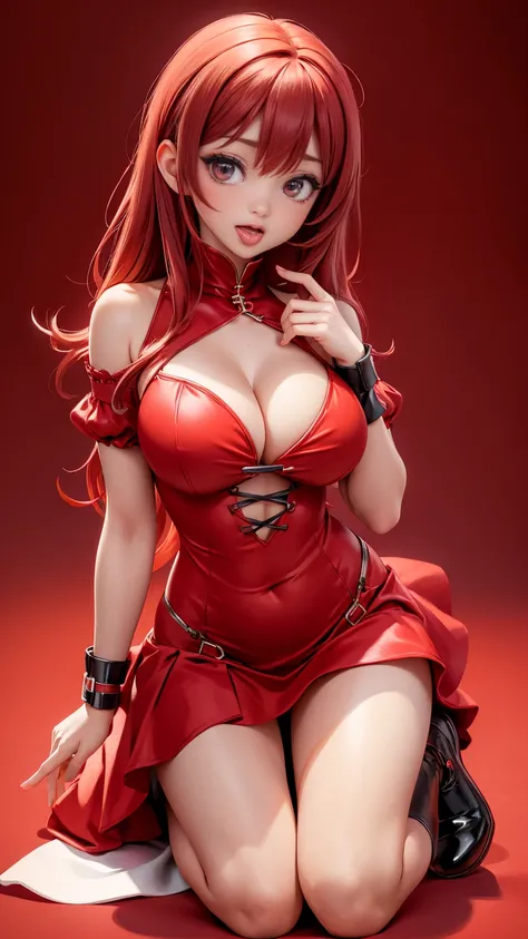 ((full_body))、Woman、red_background、big_breasts、Detailed、(dress)、POP、vivid、pose、out_tongue、underboob