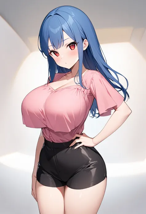 My name is Yukiko.I am a white test woman with long Sky blue hair,red eye color.I am 1.62 cm tall . My breasts measure 200 cm, my waist 40 cm and my hips 200 cm.Dressed in a low-cut pink blouse and short black shorts. With big breasts 200 cm  