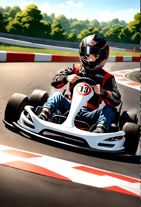 ((Best Quality)), ((Masterpiece)), (detailed), 1 karting driver boy, with oversized white and black clothes, with tattoos on his arms, with his black helmet, he has black hair, Brown eyes, he is tall a little muscular, degreased a track and raced your kart...