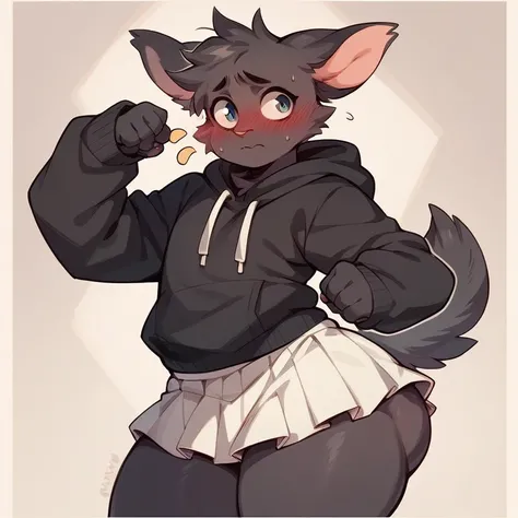 femboy thick thighs, fat ass, mini skirt, pullover grande, Furry gato, shy femboy, blush, embarrassed look, ears down, black fur, looking at the viewer,mini comic, high resolution, high quality