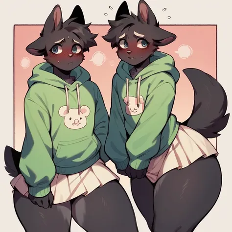 femboy thick thighs, fat ass, mini skirt, pullover grande, Furry gato, shy femboy, blush, embarrassed look, ears down, black fur, looking at the viewer,mini comic, high resolution, high quality