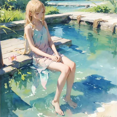 Tranquil voyager girl, in watercolor style, Photorealism, discreet pink and mint shades, barefoot, blonde hair, gentle thoughtful image