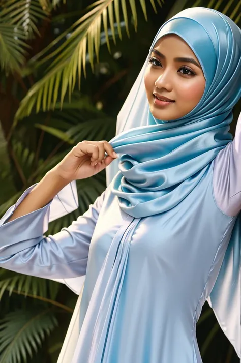 A female malay hijabsta wearing silk baju kurung sbifging her armpit