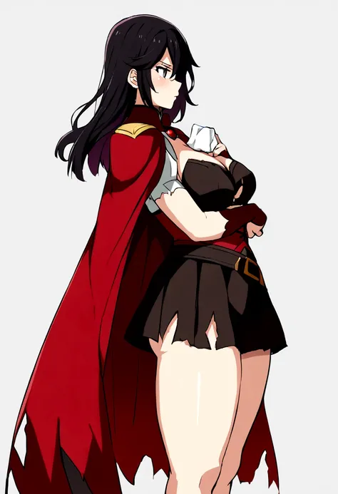 (1 girl),(rubi Rose from rwby), rubi_rwby,1 girl, shorth hair, Bblack hair, standing alone, cape, grey-eyed, red cloak, corset, thicc thighs, torn garments, torn thicc thighs, Black Skirt, zetai ryouiki, don, tissue, Pink, Torn Cape, black thicc thighs, an...