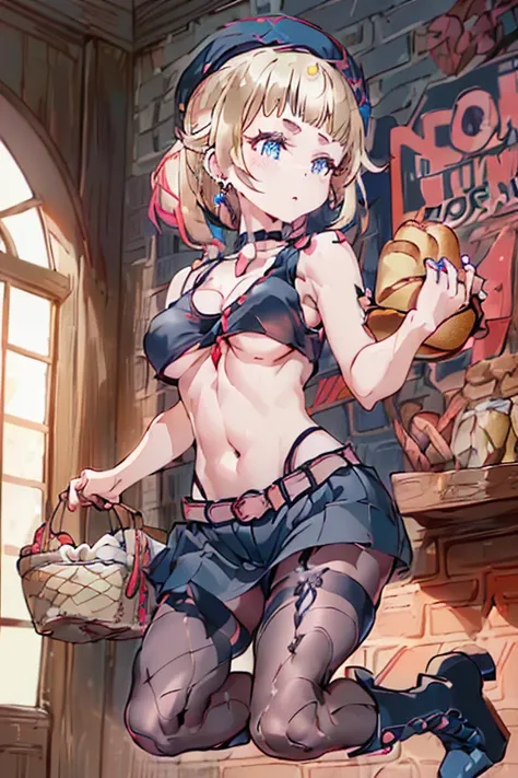 (perky chest:1.2), (pointed chest:1.2),(((Black Tunic:1.3))),(((cakes and bread in the basket),Cute and beautiful girl,masterpiece、highest quality、Very detailed、Beautiful fine details、One Girl、Detailed landscape、Training gym Room Background:1.4、Braided Pon...