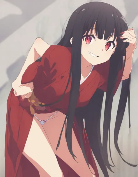 Original Costume、1 girl、solo、Wicked Smile、Put your arms back、Looking at the camera、Leaning forward、She is wearing a skimpy red yukata.、Women with very long hair　28 years old　Iris　Red and black hair　It&#39;s small　Hair longer than height　Accurate needle
