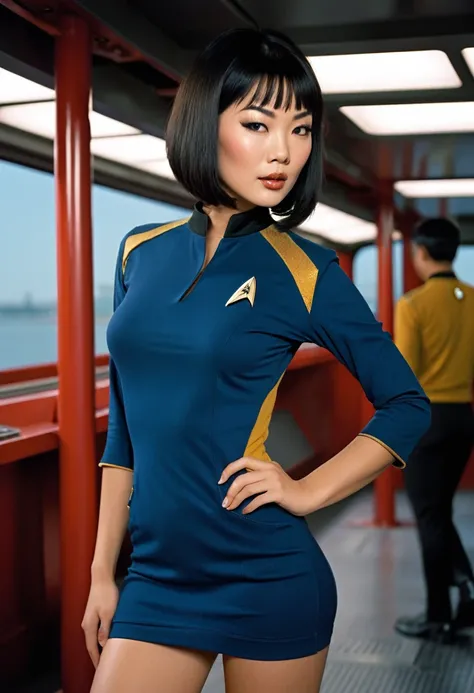  provocative, sexy, very sexy, flirtatious, arousing, revealing, sensuous, teasing ((ripped and torn open uniform 1.4)) ((on the bridge of the enterprise 1.3) ((wearing star trek original series 70s one piece sexist sexy short mini dress bridge crew unifor...