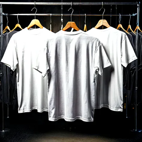 a mockup of plain white oversized gym t-shirts hanging on hangers, focusing on the back. the image should show t-shirts hanging,...