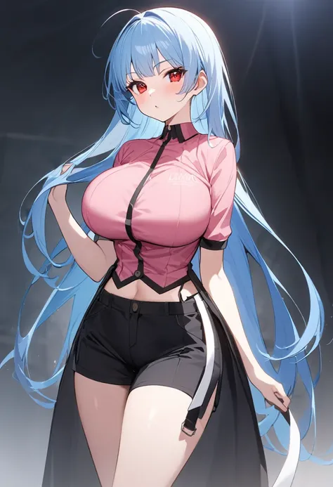 My name is Yukiko.I am a white test woman with long light blue  hair,red eye color.I am 1.62 cm tall . My breasts measure 200 cm, my waist 40 cm and my hips 200 cm.Dressed in a low-cut pink blouse and short black shorts. With big breasts 200 cm