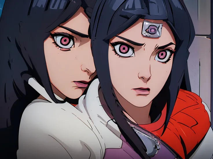 hinata hyuga, stand, lilac jacket, black long hair, with Red Mangekyou Sharingan Eyes