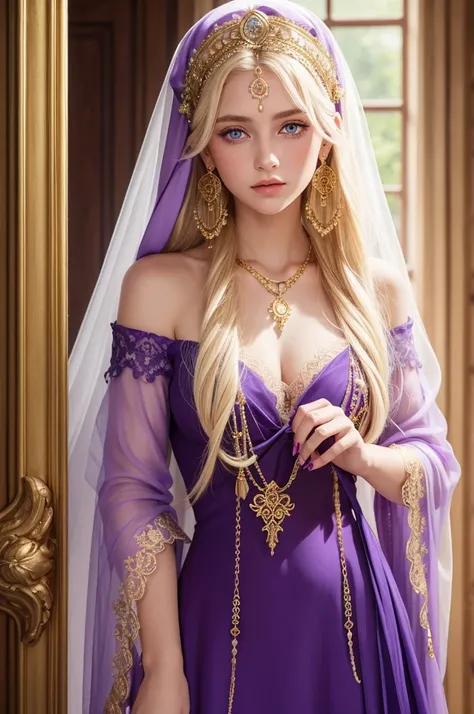 Young blonde gypsy, long blonde hair, dark blue eyes, wearing a long lilac and crimson dress, with lilac lace details, gold coin necklace, gold earrings, gypsy veil lilac on her head,