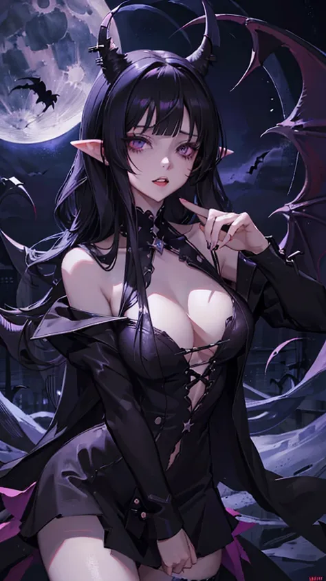  (Moonlight night), sex, hentai, , A vampire, Dark Gothic, black, (black hair), asymmetrical bangs, Blunt bangs, straight hair, Long sideburns, Devil girl, Eyes purple, tooth, Orgasm, the power of darkness, cowboy shot,