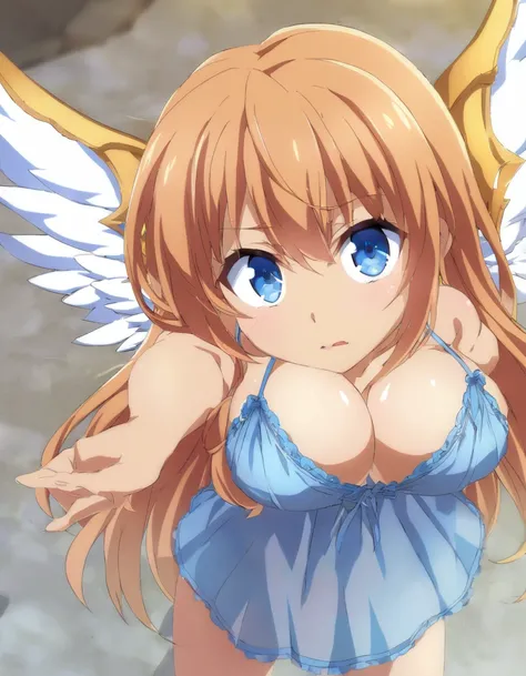 Golden-winged angel wearing a negligee　Orange Hair　blue eyes　Sandy Beach　Anime Style　Big Breasts　
