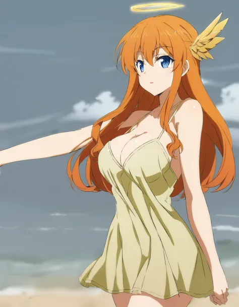 Golden-winged angel wearing a negligee　Orange Hair　blue eyes　Sandy Beach　Anime Style　Big Breasts　
