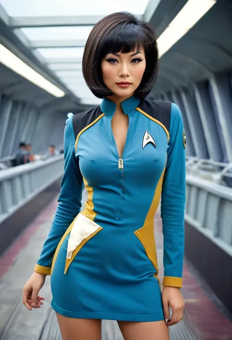 provocative, sexy, very sexy, flirtatious, arousing, revealing, sensuous, teasing ((torn open uniform revealing skin 1.4)) ((clutching her torn clothes to her breasts 1.5)) ((on the bridge of the enterprise 1.3) ((wearing star trek original series 70s one ...