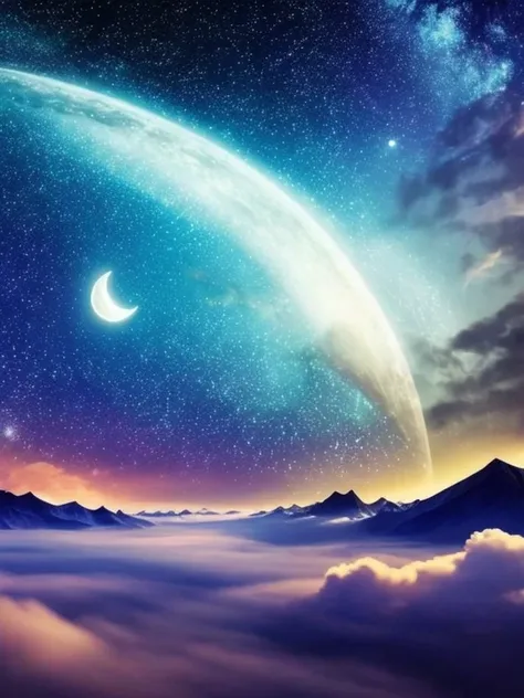 Night sky view with a crescent moon above the clouds, Very beautiful and fantastic, Fog and starry sky, glowing clouds, A dreamlike night, Colorful night sky, Beautiful night sky, Foggy night sky, Sparkling colorful mist, So magical and dreamy, incredibly ...