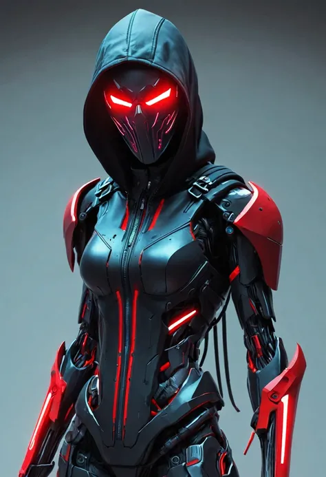 A menacing cyborg Death Reaper emerges from shadows, wear a hi tech mask, wielding dual scythes pulsing with crimson neon. Sleek black armor melds with a tattered hoodie, obscuring its face. Cinematic low-key lighting accentuates sharp edges and ominous si...