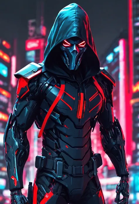 A menacing cyborg Death Reaper emerges from shadows, wear a hi tech mask, wielding dual scythes pulsing with crimson neon. Sleek black armor melds with a tattered hoodie, obscuring its face. Cinematic low-key lighting accentuates sharp edges and ominous si...